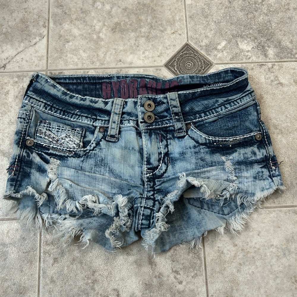 Hydraulic Blue Jean Shorts with Frayed Hem - Picture 2 of 4